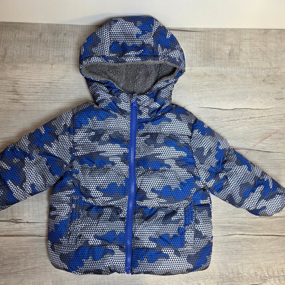 SWISSTECH Kids Boys Camo Puffer Jacket Hooded Blue Gray Winter Coat Size 12M